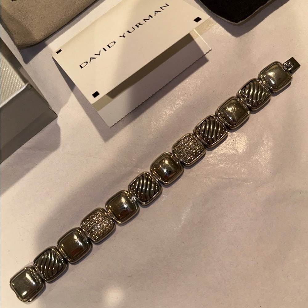 Vintage David Yurman 1-Row Linear Chiclet Bracelet Sterling Silver w/Diamonds